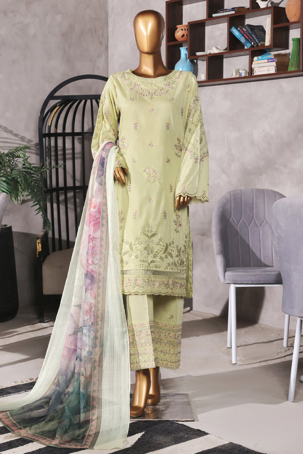 Lawn - Stitched Self Jacqaurd Embroidered 3piece with Emb trouser - Green