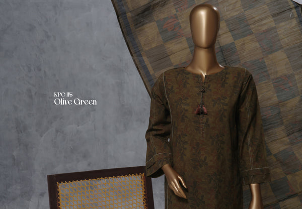 Khaddar - Stitched Printed 3 Piece Suit with Lace work - Olive Green