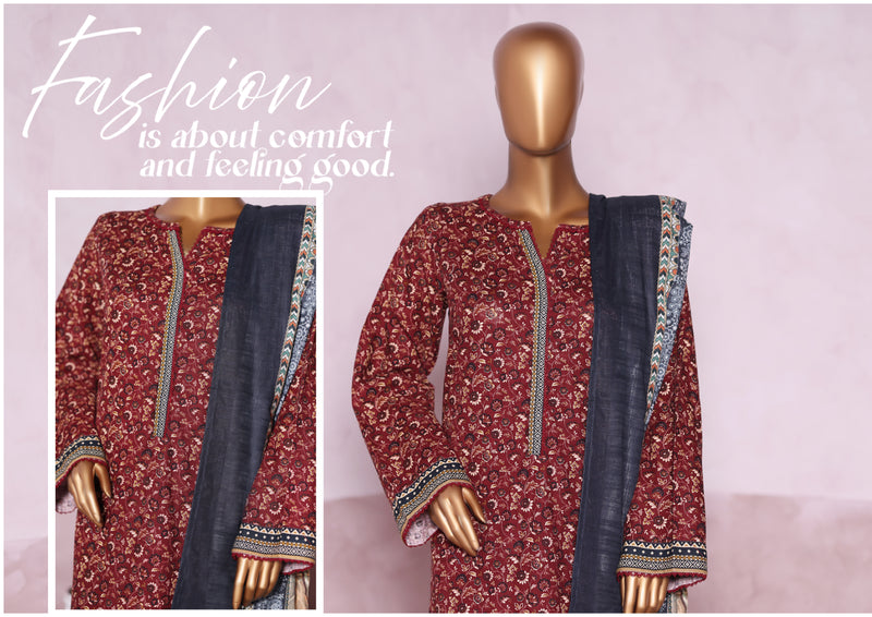 Khaddar - Stitched printed 3piece with Lace work - Maroon