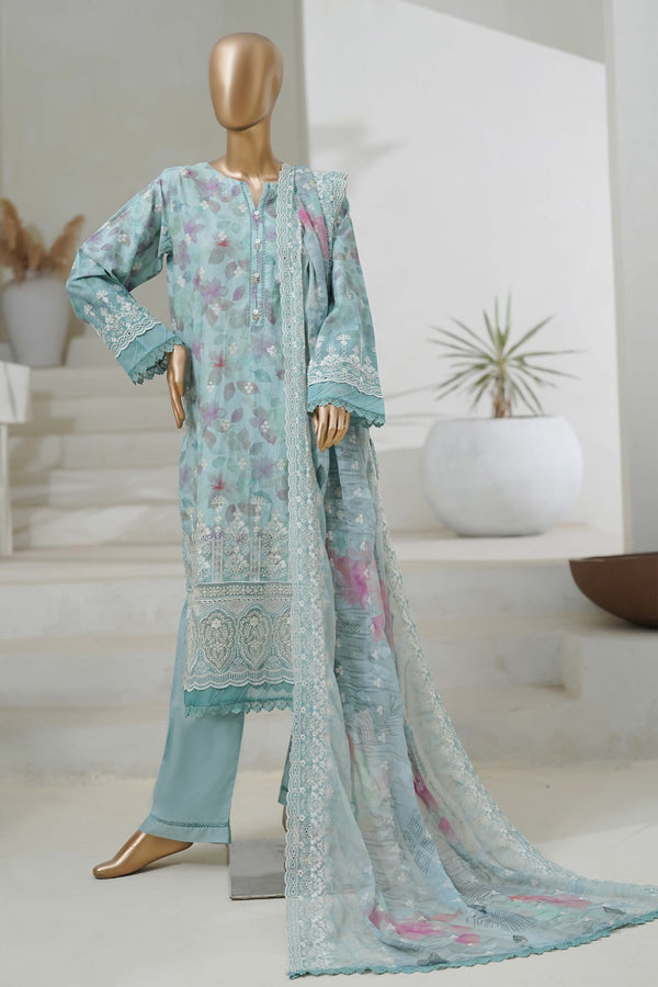 Lawn Chikankari - Stitched Embroidered 3piece with Cutwork and Embroidered Chiffon Dupatta - Light Blue