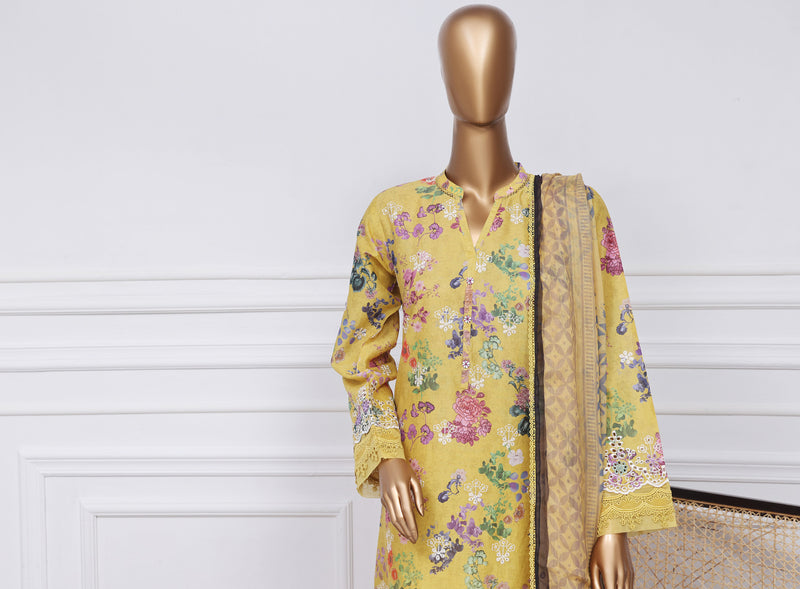 Lawn - Stitched Print Chikankari Embroidered 3piece with Chiffon Dupatta - Yellow