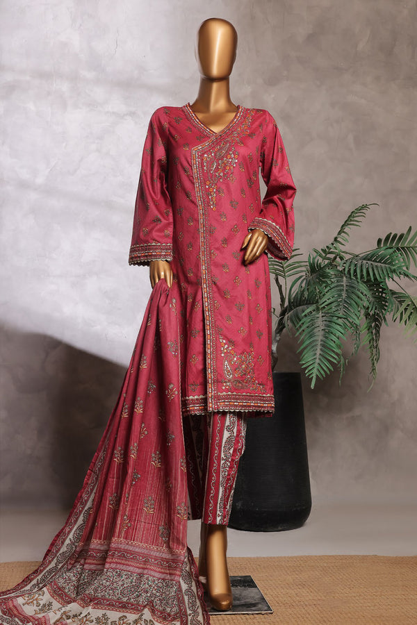 Lawn - Stitched Embroidered 3piece with Lace work - Red