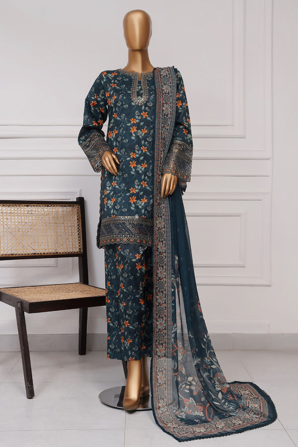 Lawn Farshi- Stitched Embroidered 3piece with Farshi shalwar - Dark Green