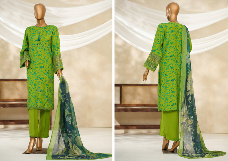 Cambric | Cotton - Stitched printed embroidered silk 3piece with Boring, Cutwork & Mirror work - Neon Green