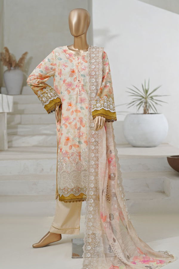 Lawn - Stitched Embroidered 3piece with Cutwork & Printed chiffon Dupatta - Peach