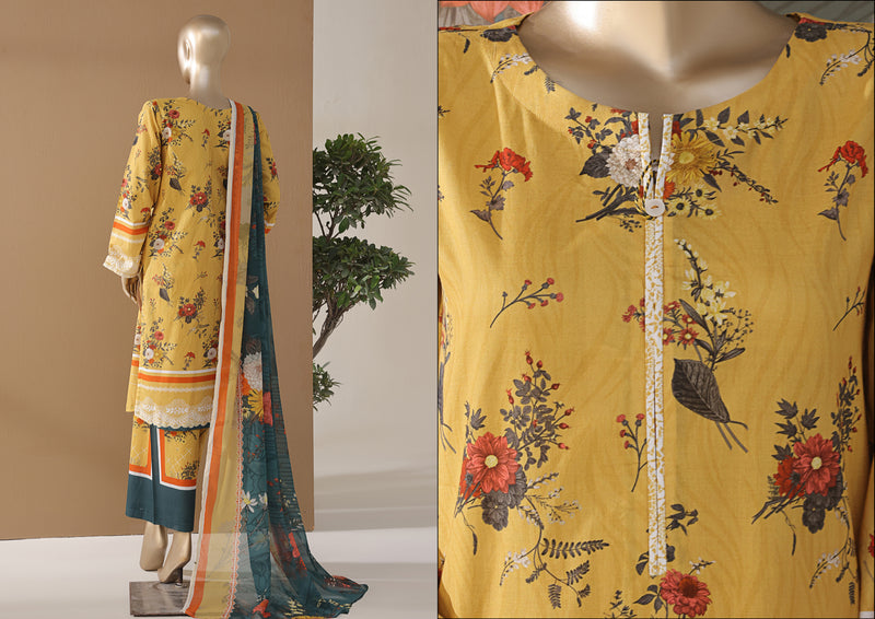 Cambric | Cotton - Stitched printed 3piece with Bamber chiffon Dupatta - Yellow
