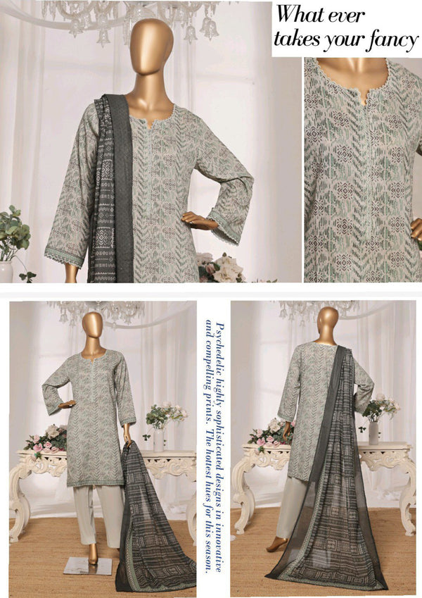 Lawn - Stitched printed 3piece with Lace work - Green