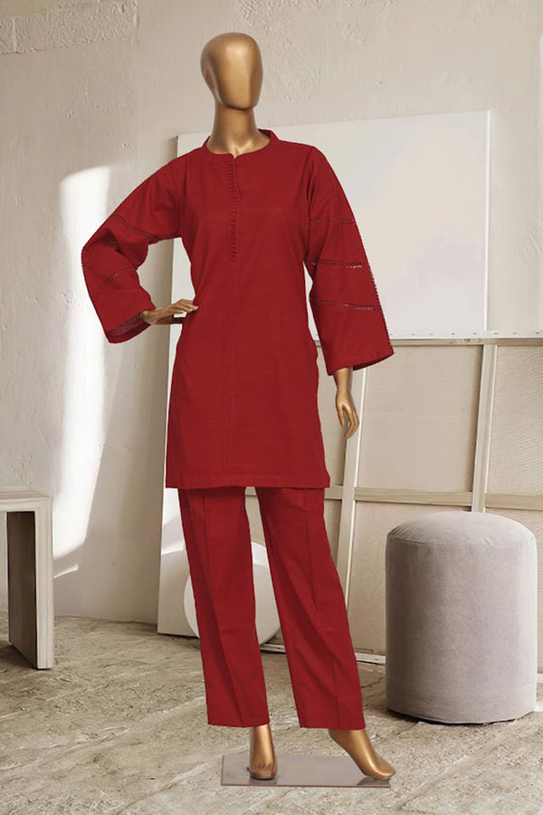 Khaddar Solid Co-ords - Stitched kurti & trouser with Pintex & Lace work - Red