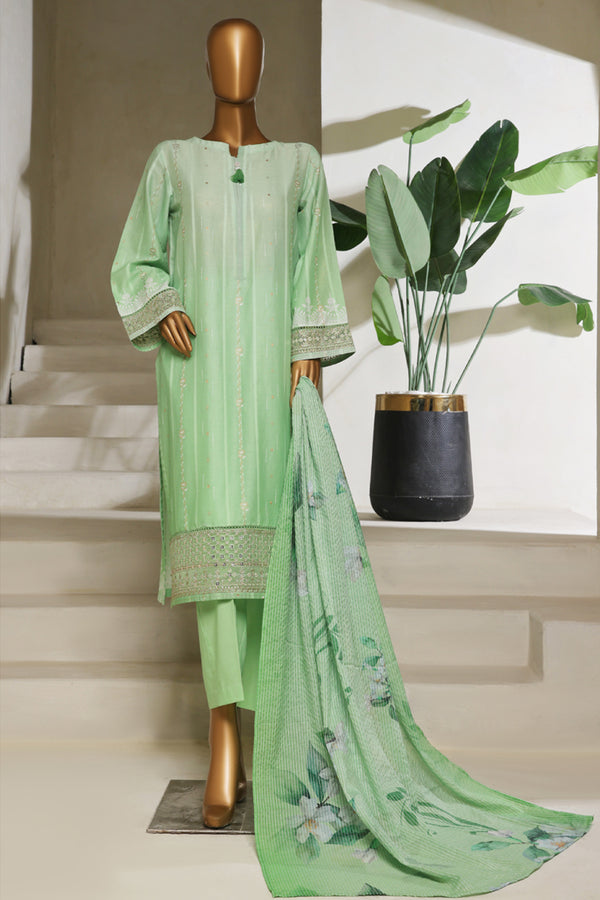 Lawn - Embroidered jacquard 3piece with Lace work - Green