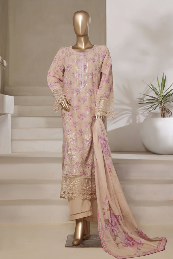 Lawn - Stitched Digital Printed Embroidered 3piece with Lace work - Skin