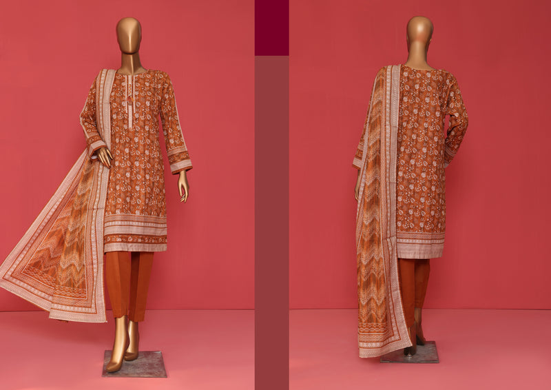 Khaddar - Stitched printed 3piece ready to wear - Crunchy Rust