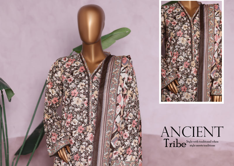 Khaddar - Stitched printed 3piece with Lace work - Brown