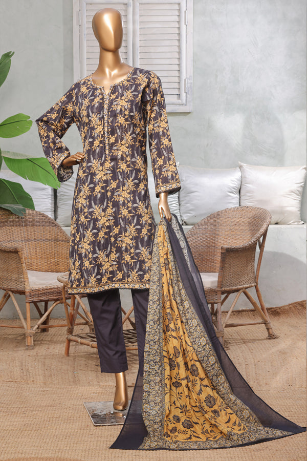 Lawn - Stitched printed 3piece with Lace work - Black & Yellow