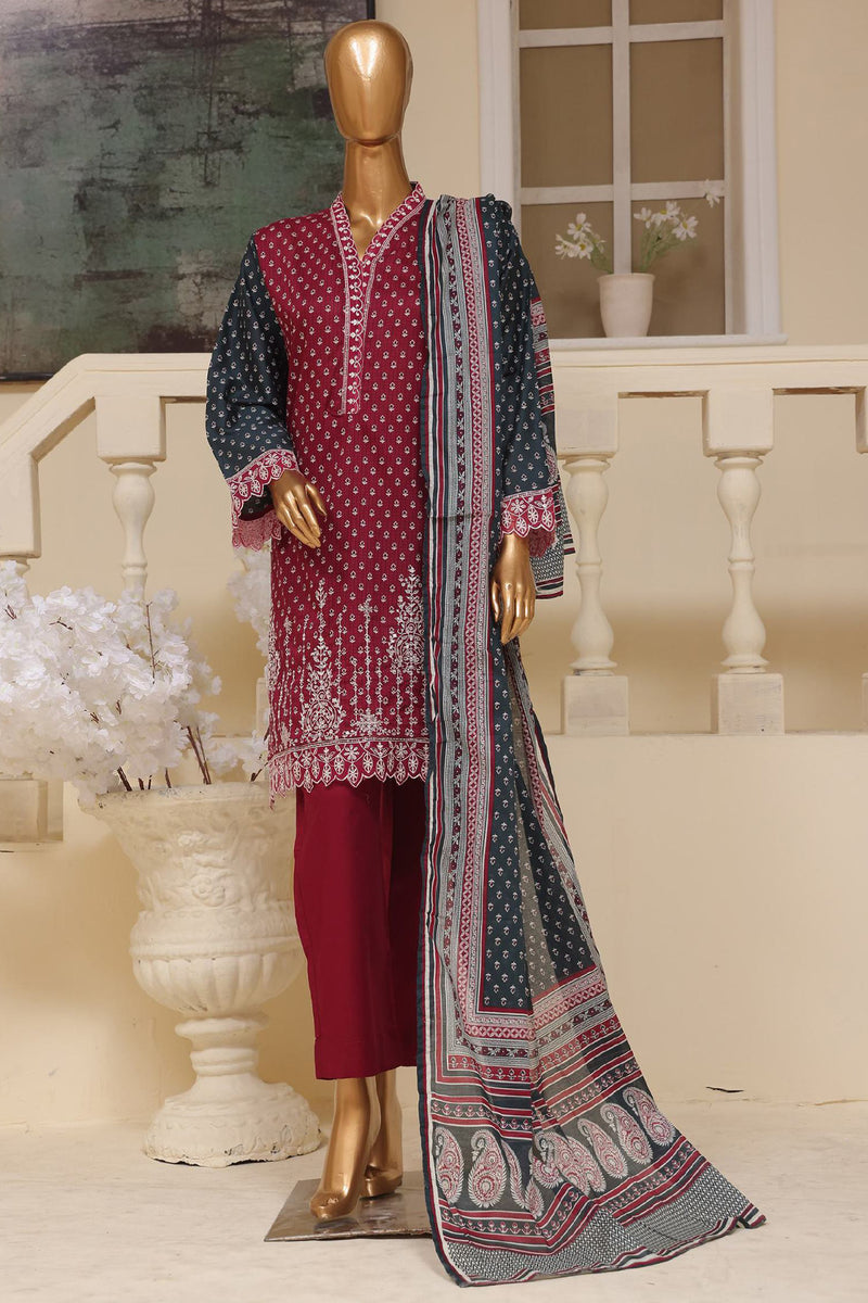 Lawn - Stitched Embroidered 3piece with Lace work - Pink