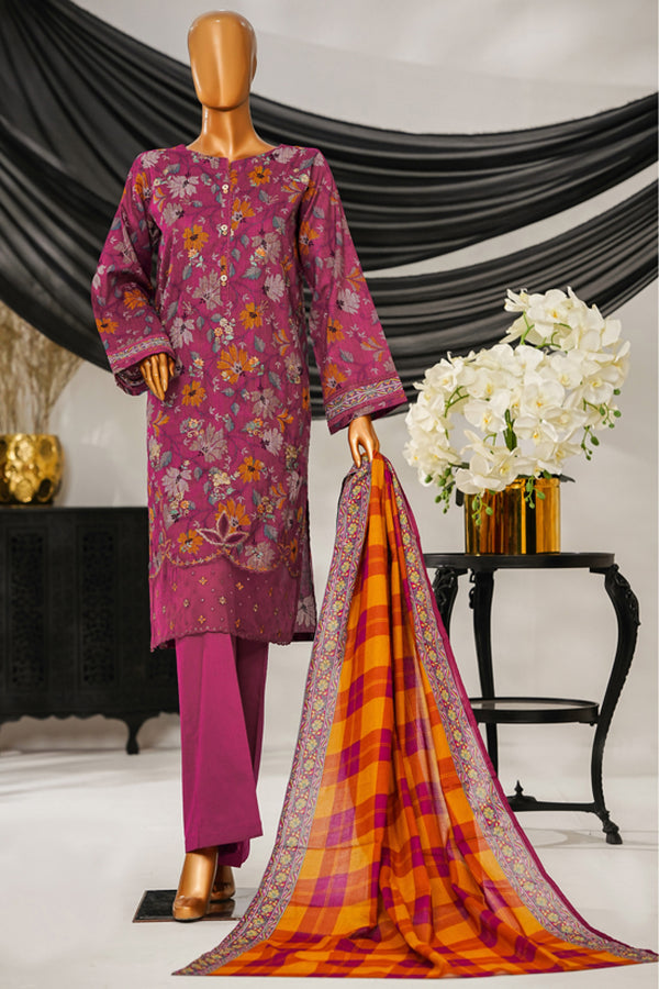Cotton | Cambric - Stitched Embroidered 3piece with Lace work - Multi Magenta