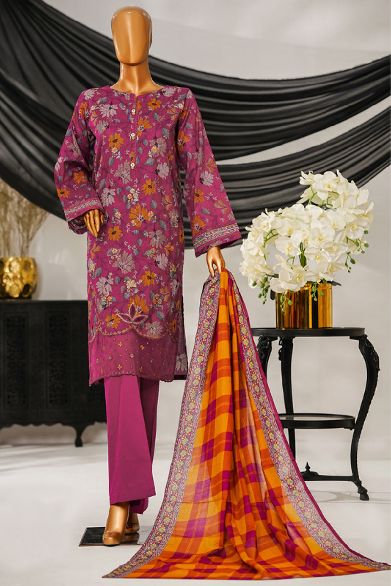 Cotton | Cambric - Stitched Embroidered 3piece with Lace work - Multi Magenta