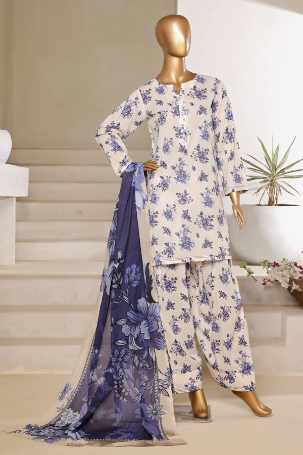 Lawn - Stitched printed 3piece with Farshi shalwar - White