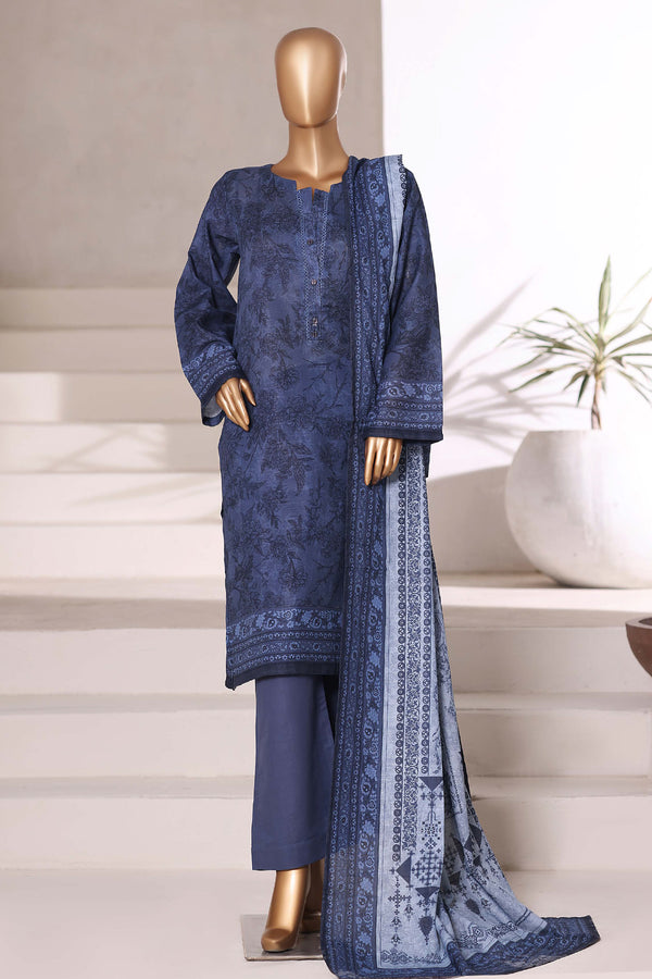 Khaddar - Stitched printed 3piece with Lace work - Blue