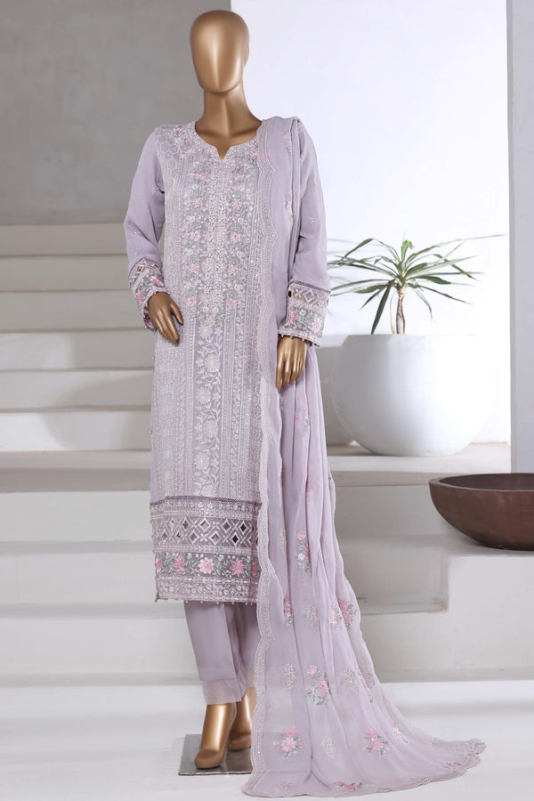 Chiffon - Stitched Formal Embroidered 3piece with Hand work - Coral