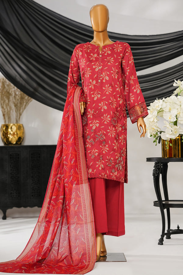 Cotton | Cambric - Stitched Embroidered 3piece with Lace work - Beige Maroon
