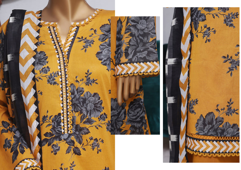 Lawn - Stitched printed 3piece with Farshi Shalwar - Yellow