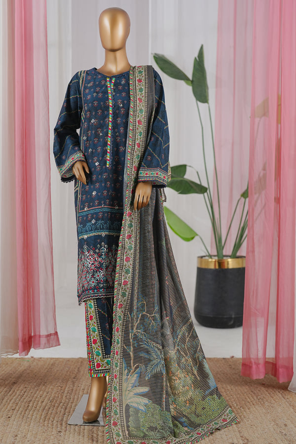 Lawn - Stitched Embroidered 3piece with Zari work & Lace work - Blue