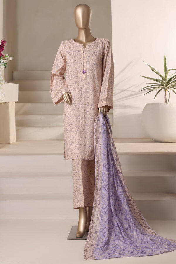 Cambric - Stitched printed 3piece with Lace work - Crunch Beige