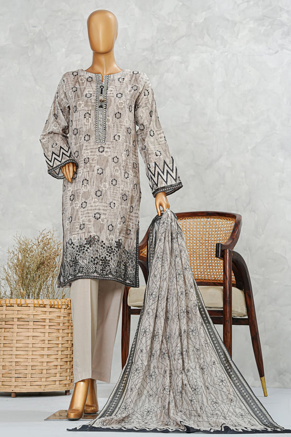Lawn PrintKari - Stitched Embroidered 3piece with Embroidered Dupatta - Dusty Beige