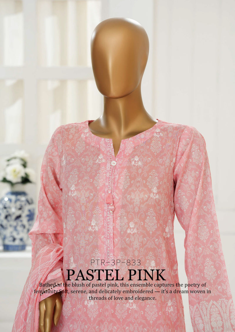 Cambric Chikankari - Stitched Embroidered 3piece with Lace work - Pastel Pink