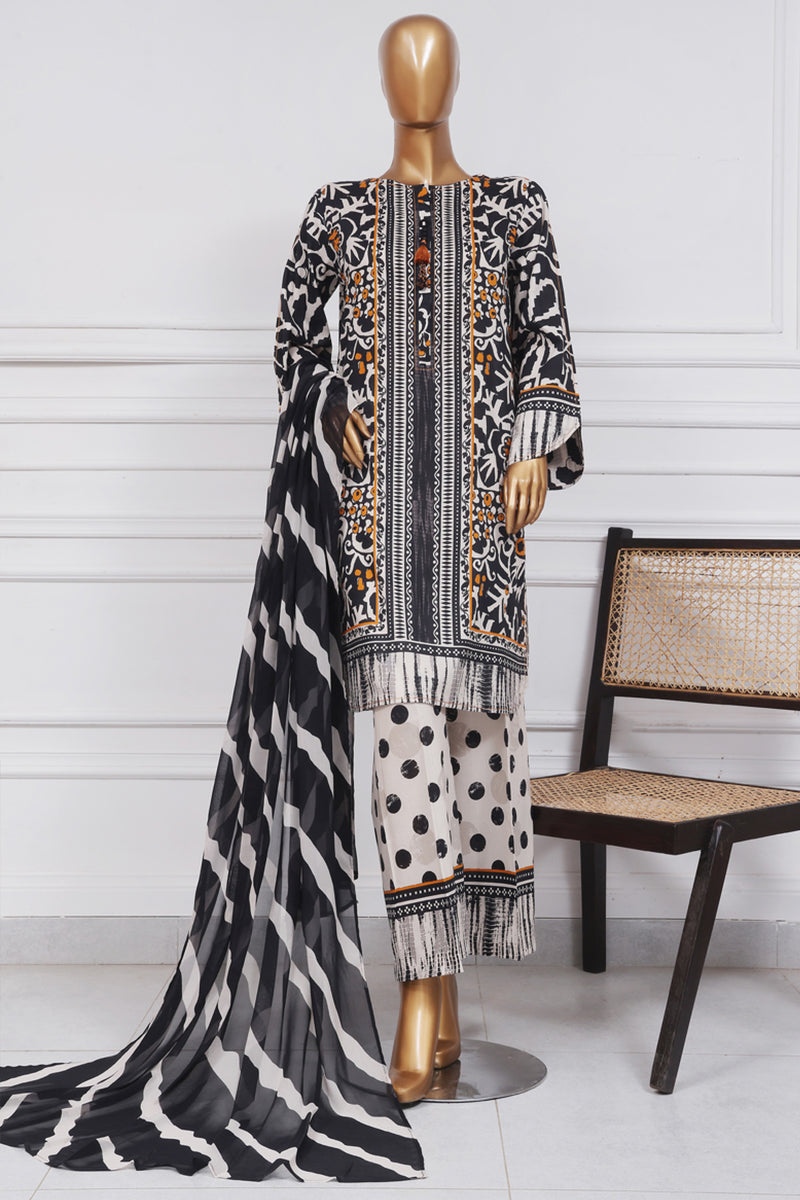 Lawn - Stitched Printed 3 piece with Chiffon Dupatta - Black Mustard