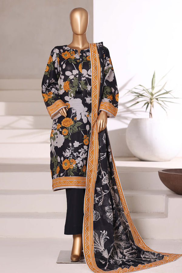 Khaddar - Stitched printed 3piece with Lace work - Black & Yellow