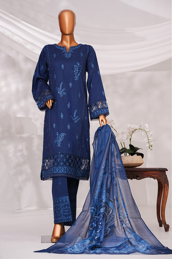 Cambric | Cotton - Stitched Embroidered Printed 3piece with Nannokara Dupatta - Midnight Blue