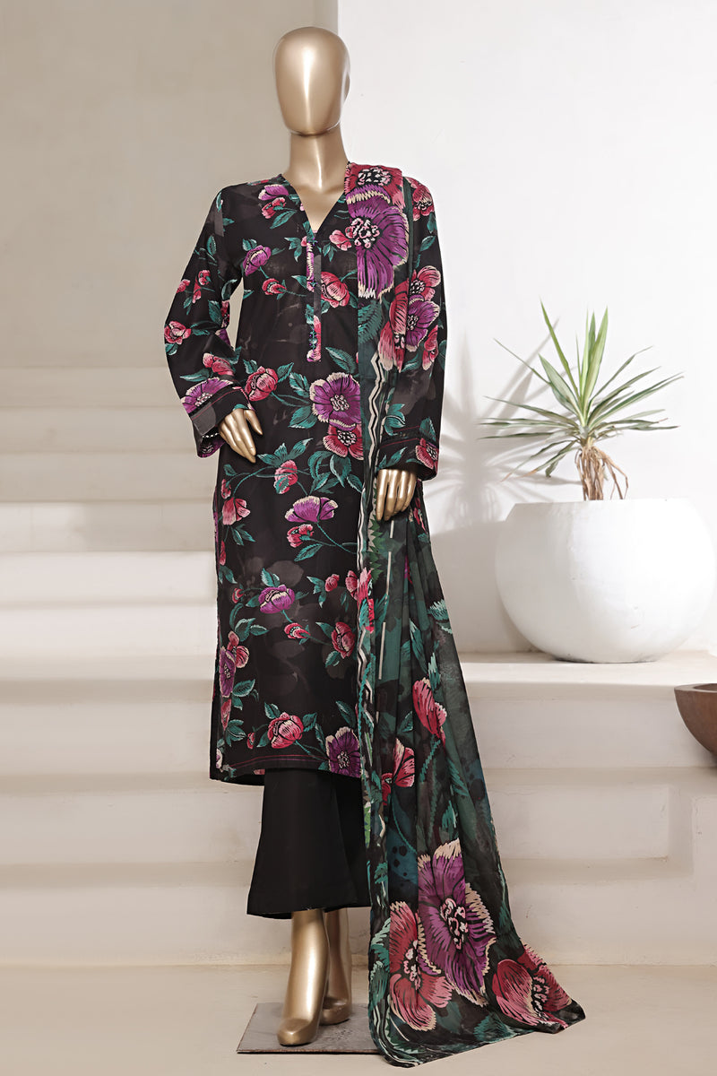 Lawn - Stitched printed 3piece with Lace work - Black