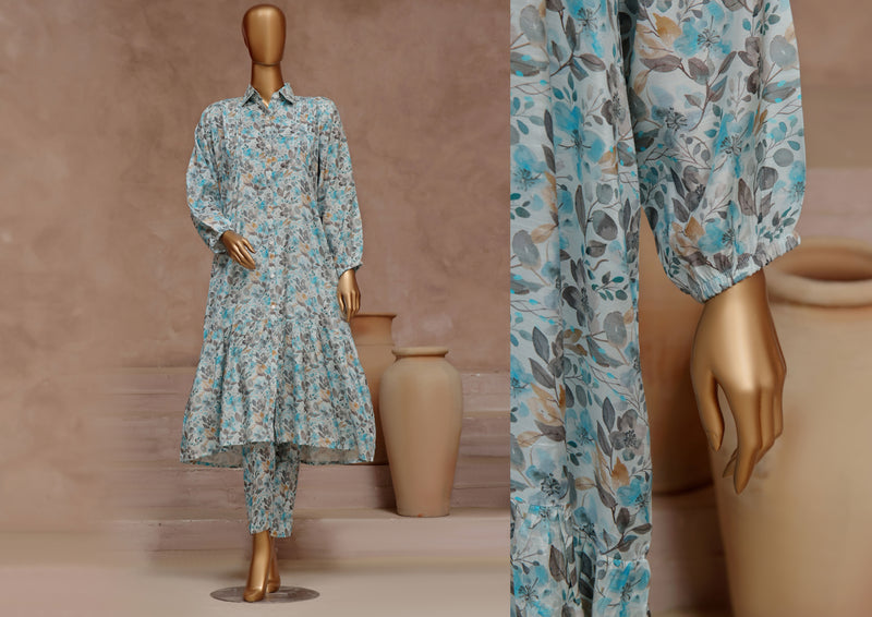 Rawsilk - Stitched floral printed frock style Co-ord set - Sky Blue