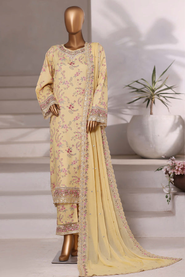 Luxury viscose - Stitched Embroidered 3piece with Chiffon embroidered Dupatta - Yellow