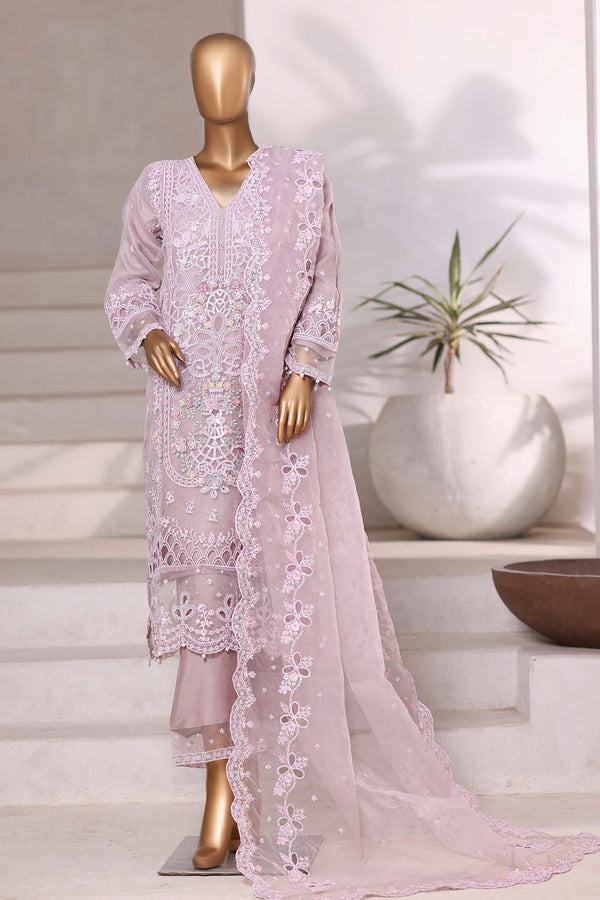 Organza - Stitched Embroidered 3piece with Hand work - Light Purple