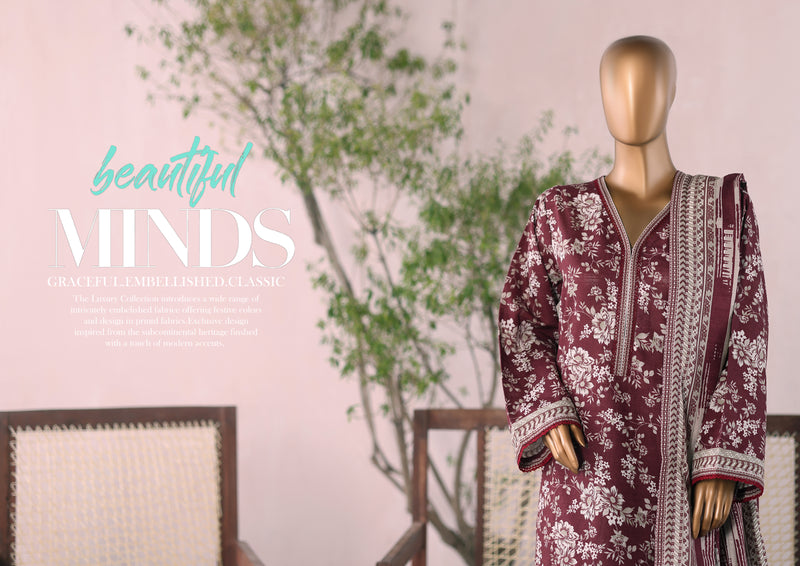 Khaddar - Stitched  printed 3piece with Lace work  -  Reddish - Brown