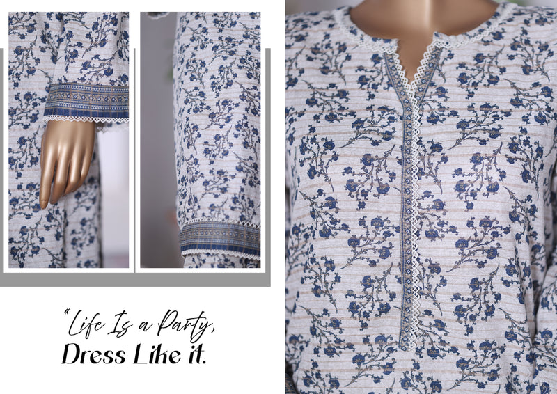 Khaddar Co-Ords - Stitched printed Kurti & trouser with Lace work - White