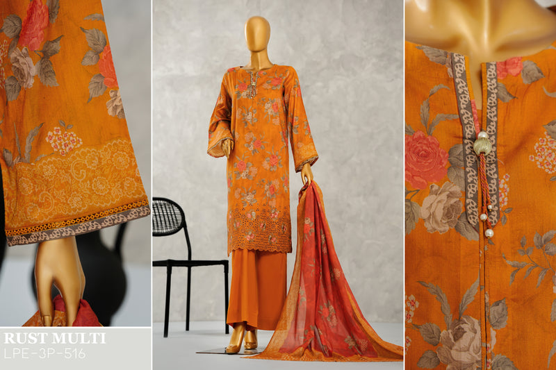 Lawn - Stitched Digital Printed Embroidered 3piece with Boring work - Orange
