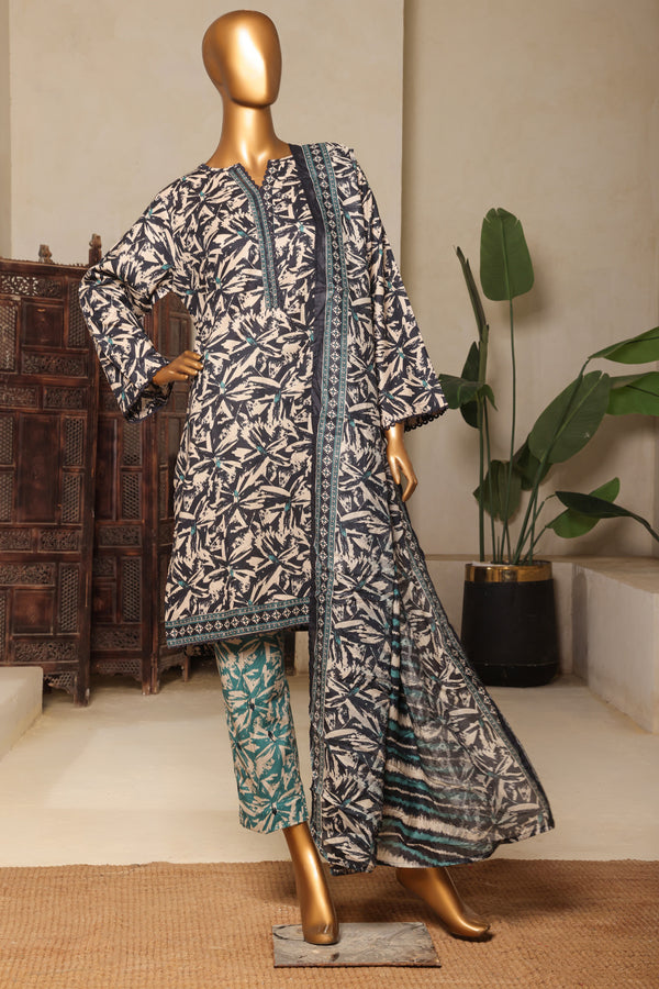 Lawn - Stitched printed 3piece with Lace work - Grey & Skin