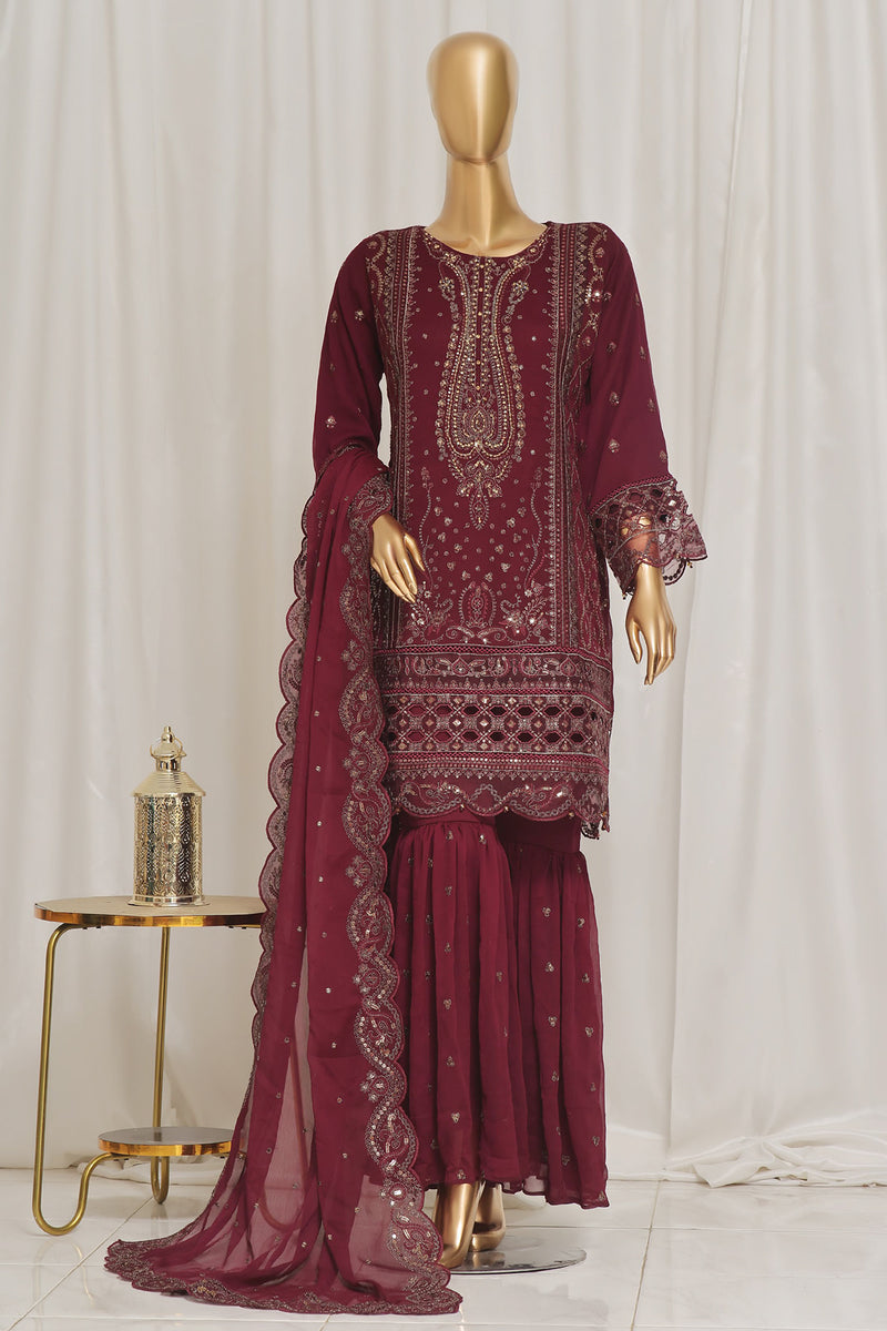 Formal Luxury Chiffon - Stitched Embroidered 3piece with Emb Dupatta - Maroon