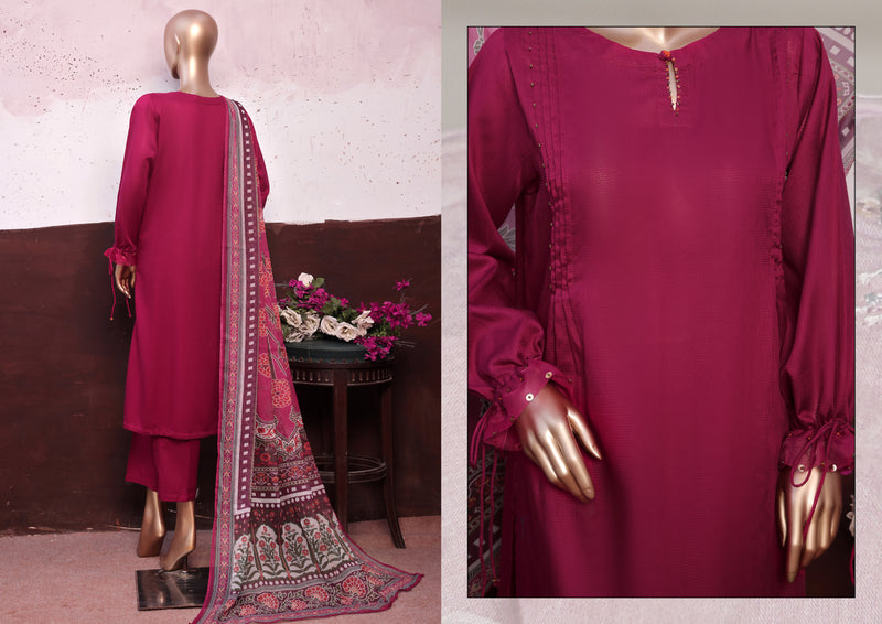 Cambric - Stitched printed 3piece with Lace work - Pink