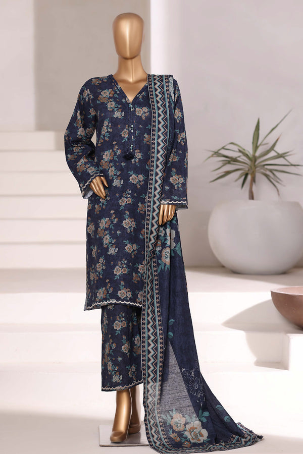 Khaddar - Stitched Embroidered 3piece collection with Lace work - Dark Blue