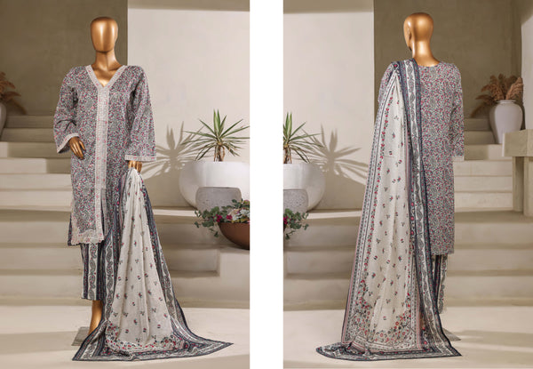 Lawn - Stitched Embroidered Chikankari 3piece with Lace work - Dark Grey
