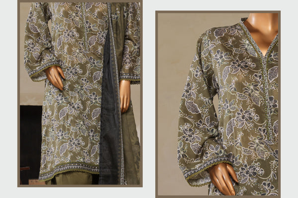Lawn - Stitched printed 3piece with Farshi shalwar - Green