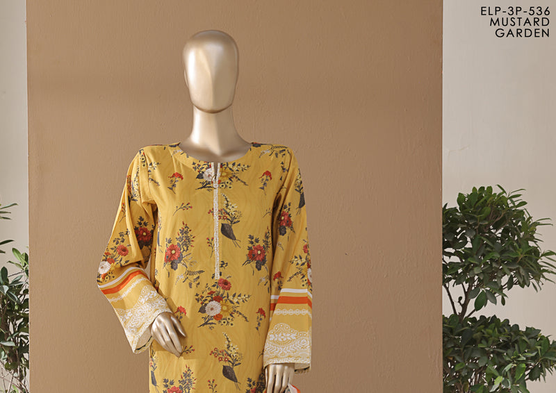 Cambric | Cotton - Stitched printed 3piece with Bamber chiffon Dupatta - Yellow