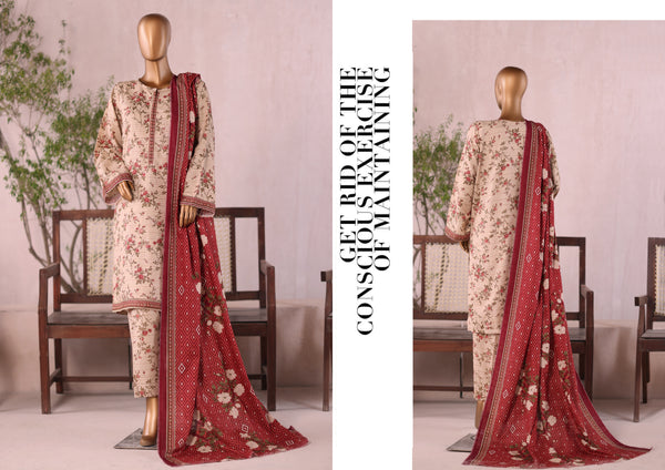 Khaddar - Stitched  printed 3piece with Lace work  -  Peach