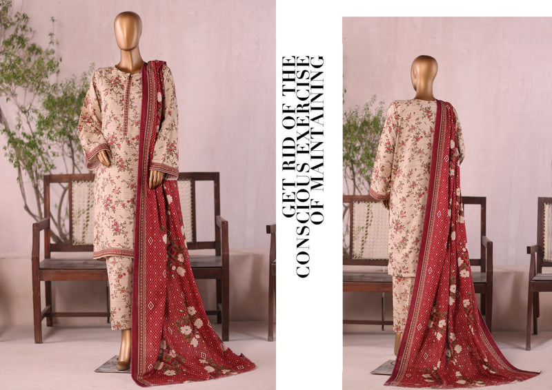 Khaddar - Stitched  printed 3piece with Lace work  -  Peach