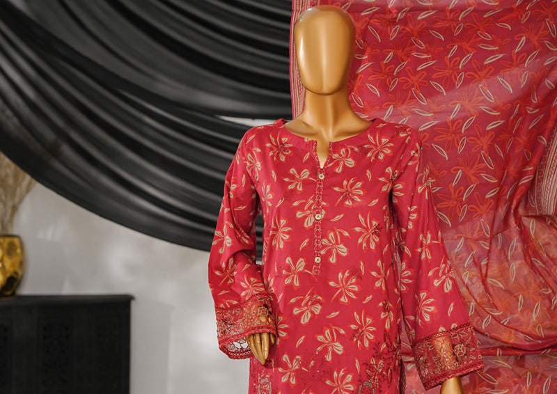 Cotton | Cambric - Stitched Embroidered 3piece with Lace work - Beige Maroon