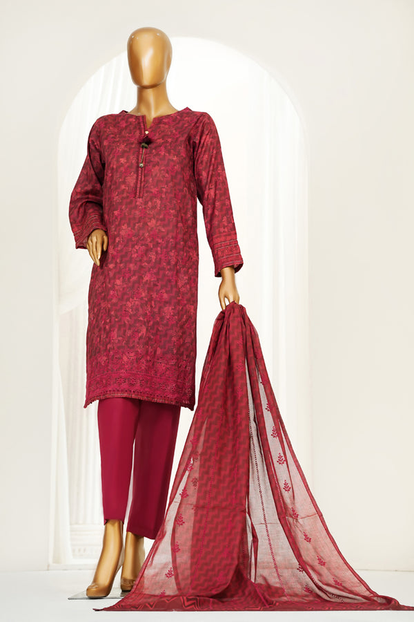 Lawn PrintKari - Stitched Embroidered 3piece with Lace work - Maroon